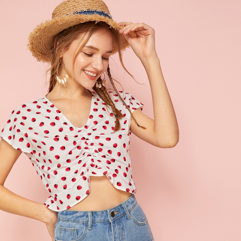 

Strawberry Print Ruched Crop Blouse, Multicolor