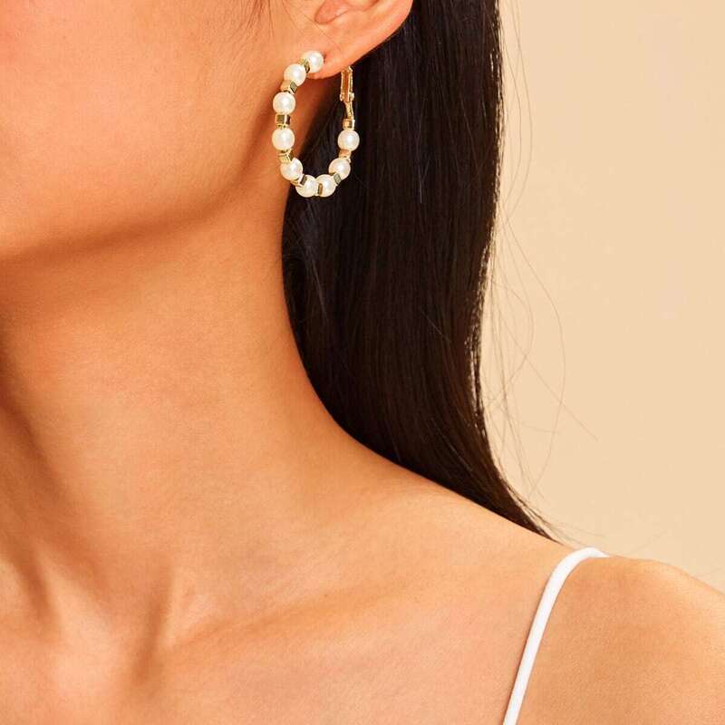 

Faux Pearl Decor Hoop Earrings 1pair, Gold