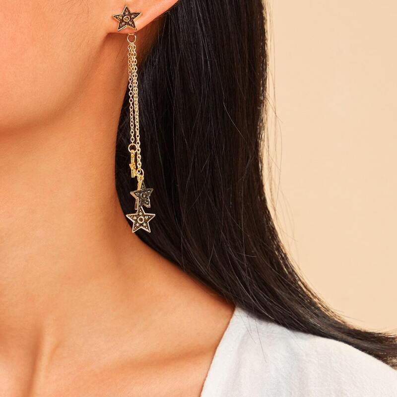 

Star Pendant Chain Drop Earrings Jacket 1pair, Gold
