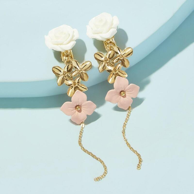 

Flower & Chain Drop Earrings 1pair, Multicolor