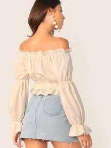 SHEIN Off Shoulder Ruffle Trim Top - Beige - View 2