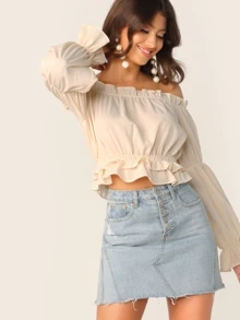 SHEIN Off Shoulder Ruffle Trim Top - Beige - View 3