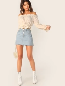 SHEIN Off Shoulder Ruffle Trim Top - Beige - View 5
