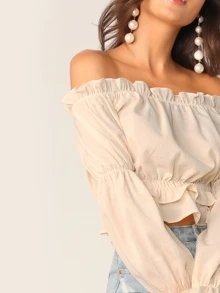 SHEIN Off Shoulder Ruffle Trim Top - Beige - View 4