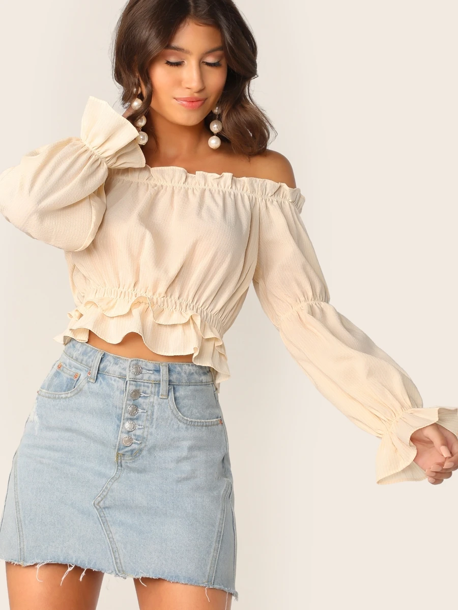 SHEIN Off Shoulder Ruffle Trim Top - Beige - View 1