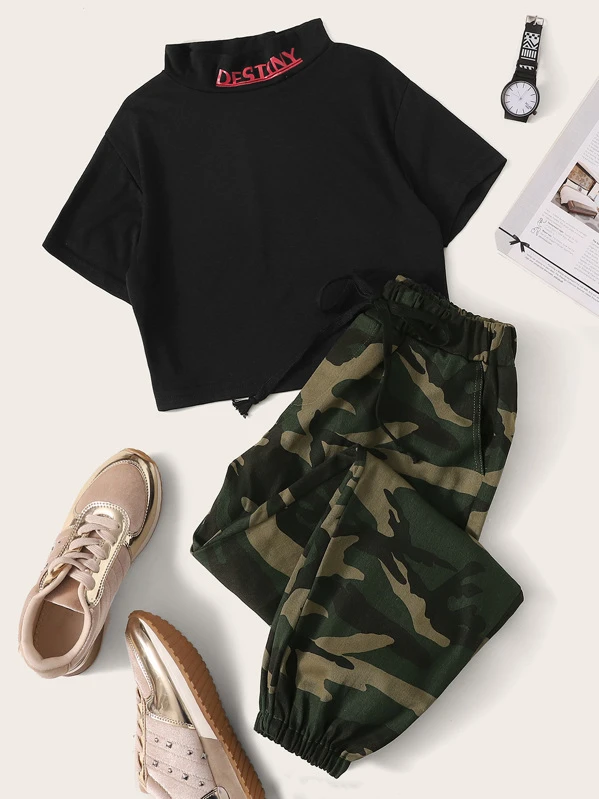 Letter Graphic Crop Tee & Camo Print CAMO PANTS (MORE COLOURS) ($39) ❤ liked