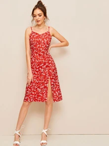 Vestido de tirante con abertura alta floral de margarita - Rojo - Ver 1