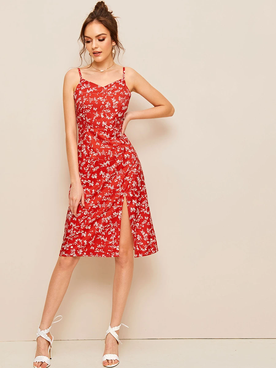 Vestido de tirante con abertura alta floral de margarita - Rojo - Ver 1