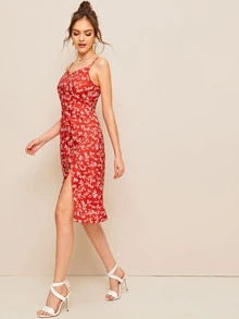 Vestido de tirante con abertura alta floral de margarita - Rojo - Ver 4