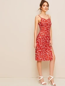 Vestido de tirante con abertura alta floral de margarita - Rojo - Ver 5