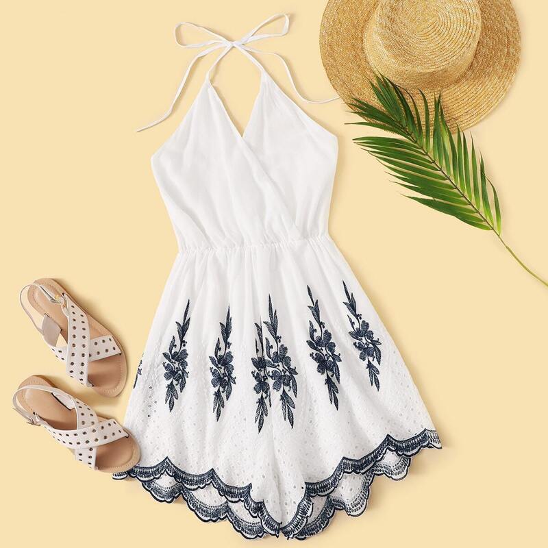 

Surplice Tribal Eyelet Embroidery Shirred Halter Playsuit, White