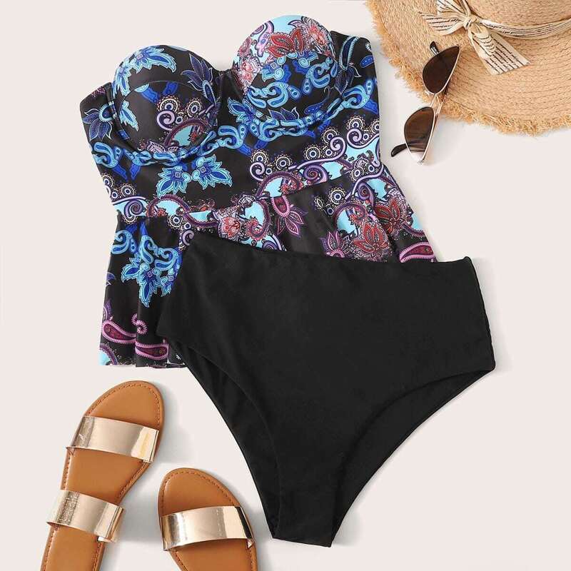 

Random Paisley Print Peplum Top With Panty Tankini Set, Multicolor