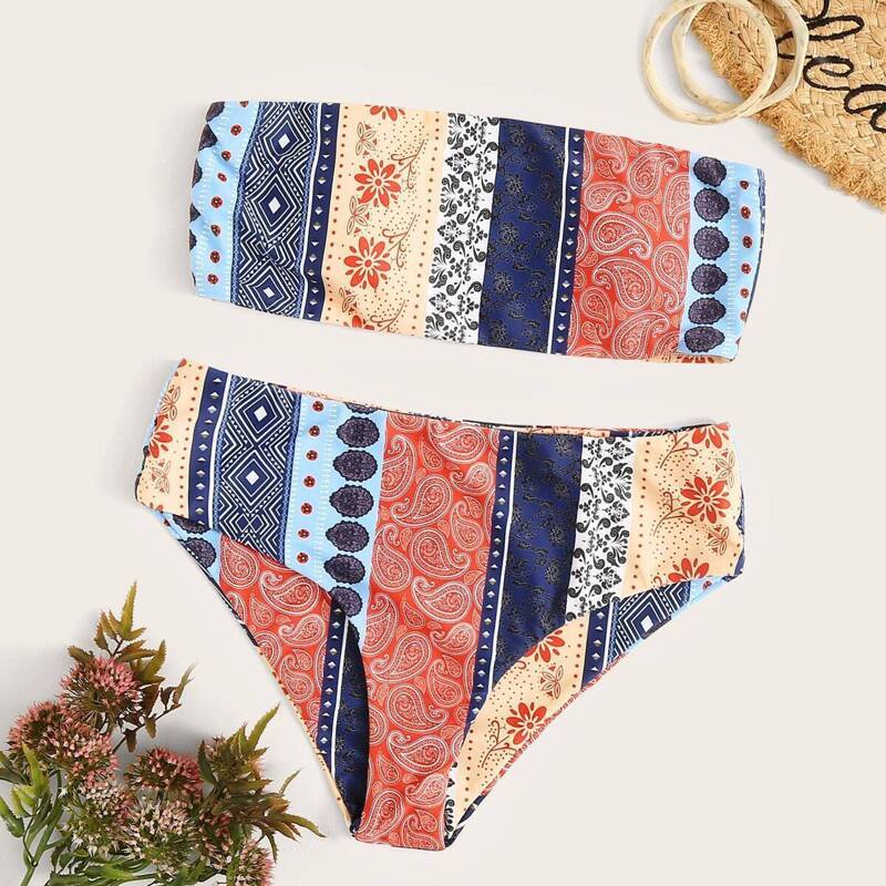 

Random Paisley Print Bandeau Bikini Set, Multicolor