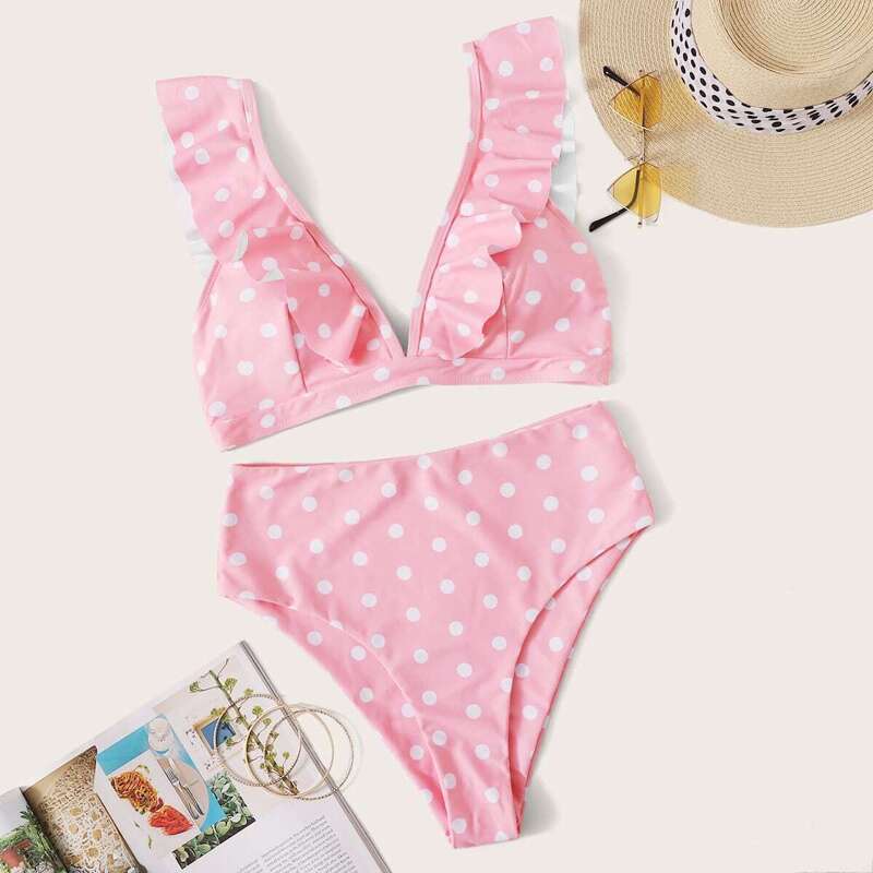 

Polka Dot Ruffle Top With High Waist Bikini Set, Pink pastel