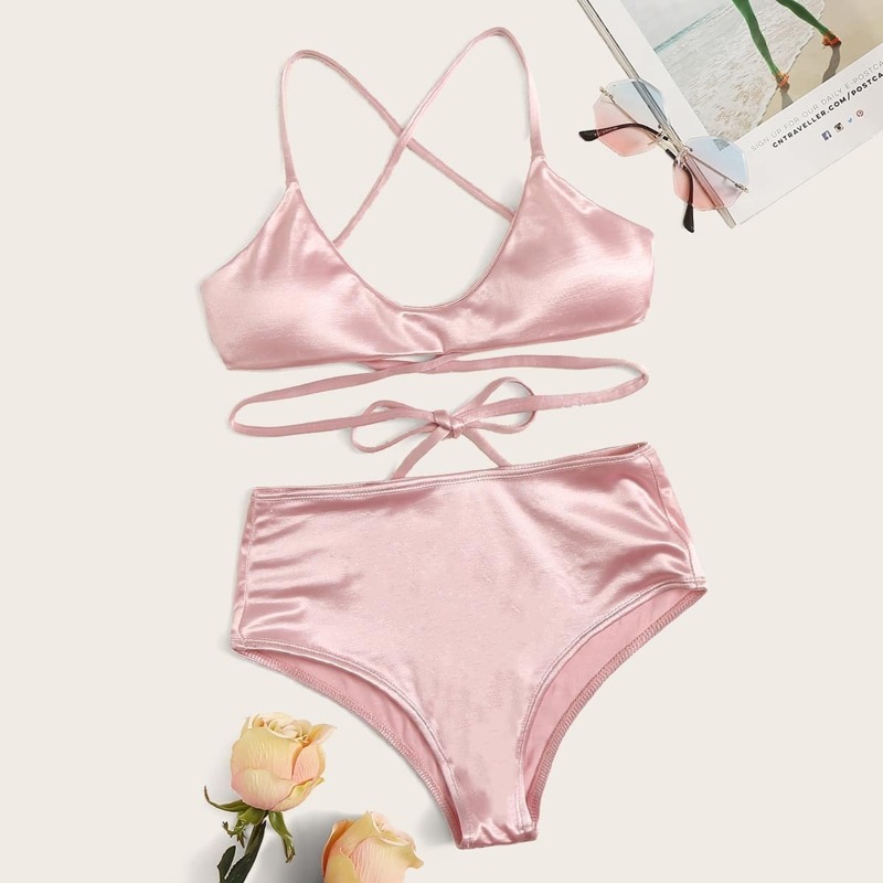 

Criss-Cross Self Tie Satin Bikini Set, Pink