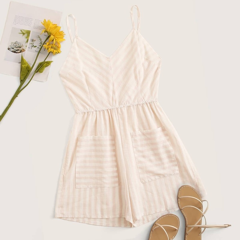 

Striped Pocket Detail Cami Romper, Multicolor