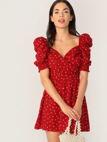 SHEIN Wrap Neck Gathered Sleeve Dress - Red - View 1