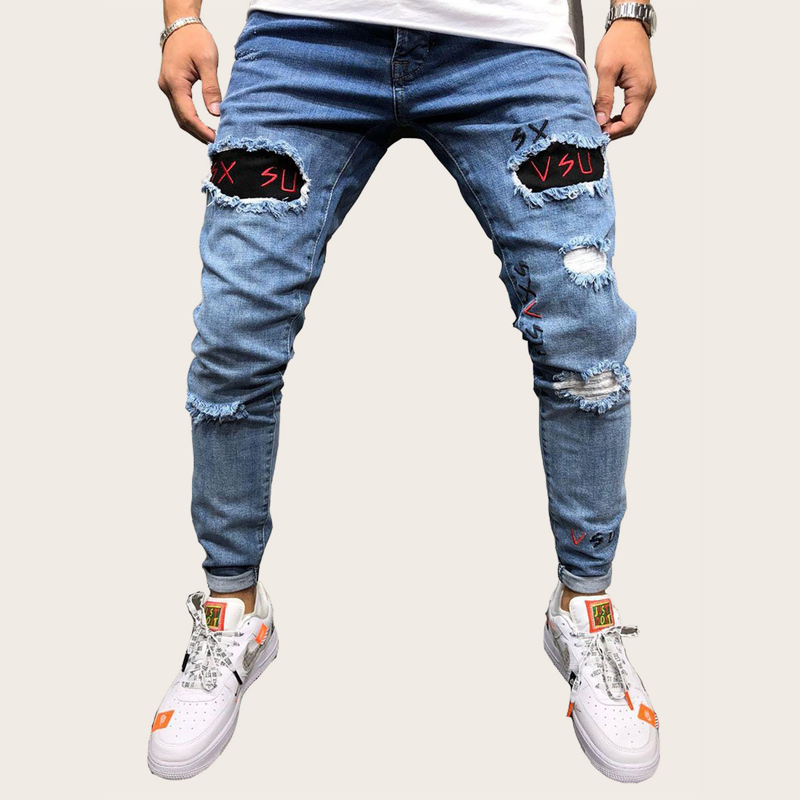 

Guys Letter Embroidery Ripped Jeans, Medium wash