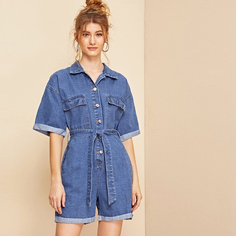 

Button Front Stitch Detail Belted Denim Jumpsuit, Blue