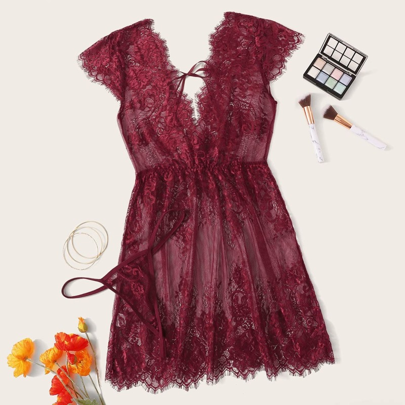 

Eyelash Floral Lace Dress With Thong, Red