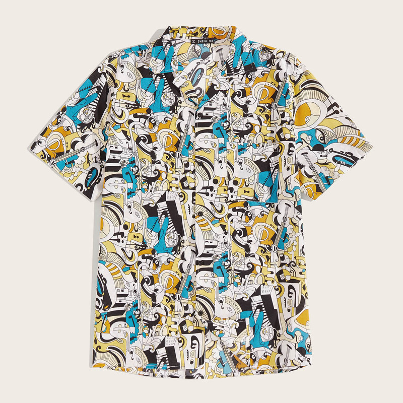 

Guys Revere Collar Allover Cartoon Print Shirt, Multicolor