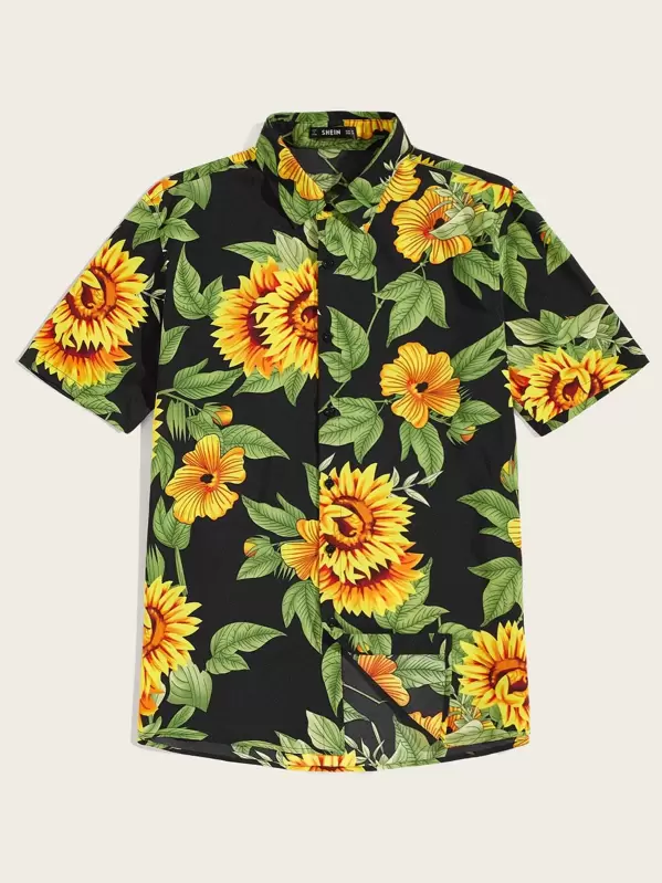 Blusa de hombres de cuello con estampado floral | ROMWE Camisa de hombres con estampado floral de cuello notch | ROMWE