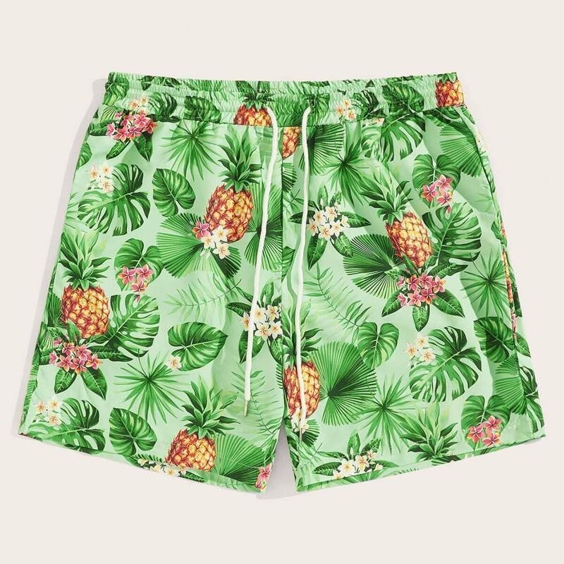 

Guys Pineapple and Tropical Print Drawstring Waist Shorts, Green