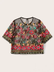 SHEIN Top corto de malla con bordado floral - Multicolor - Ver 5