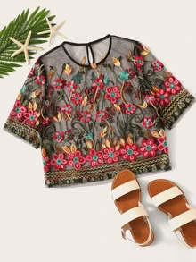 SHEIN Top corto de malla con bordado floral - Multicolor - Ver 1