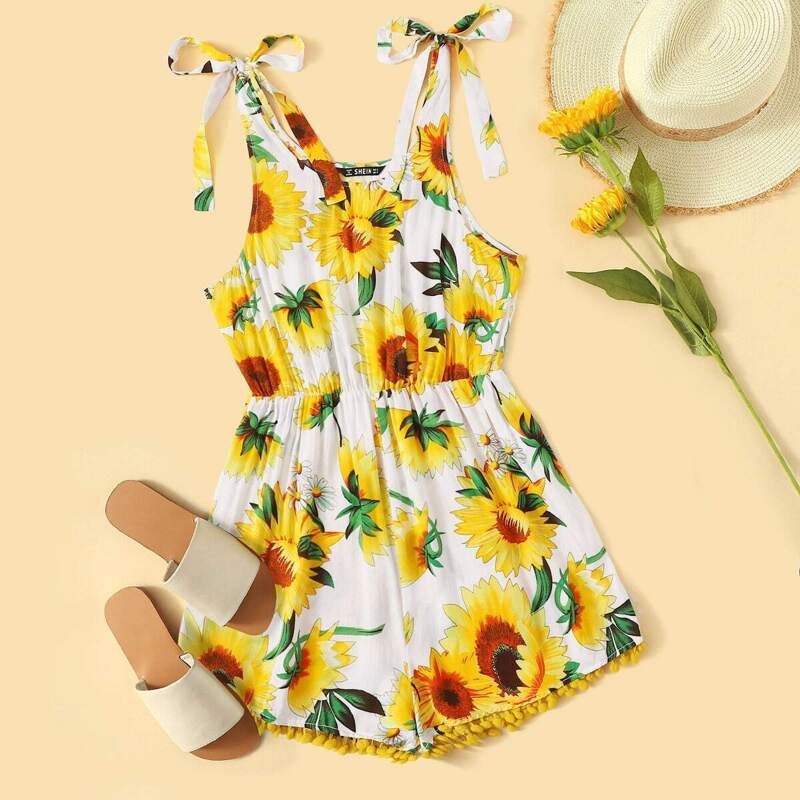 

Sunflower Print Self Tie Shoulder Pompom Romper, Multicolor