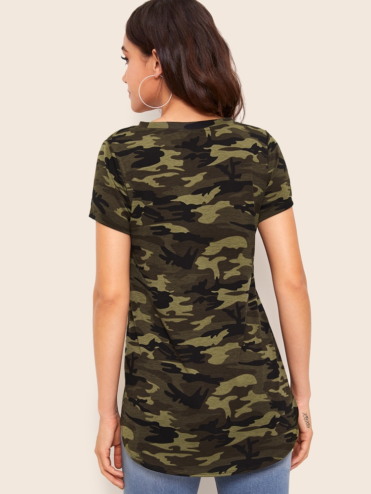 SHEIN Unity Slit High Low Hem Camo Print Tee - Multicolor - View 4