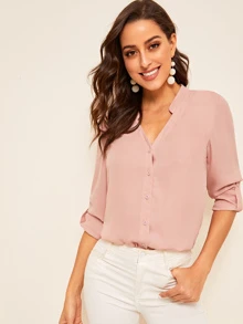 SHEIN v領捲邊袖紐扣女士襯衫 - 珊瑚粉 - 查看 4