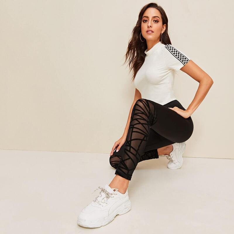 

Flocked Mesh Hem Skinny Leggings, Black