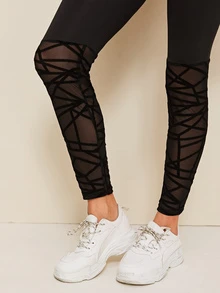 SHEIN Flocked Mesh Hem Skinny Leggings - Black - View 5