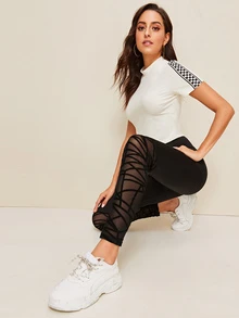 SHEIN Flocked Mesh Hem Skinny Leggings - Black - View 3