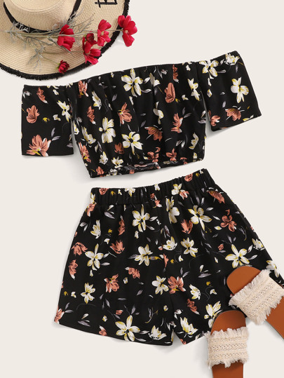 Floral Off-the-Shoulder Crop Top & Shorts Set