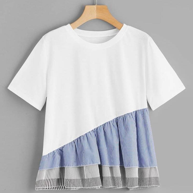 

Plus Contrast Striped Ruffle Hem Tee, White