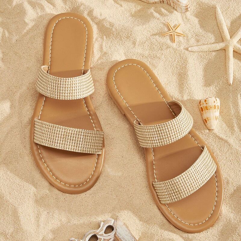 

Woven Two Strap Sliders, Khaki