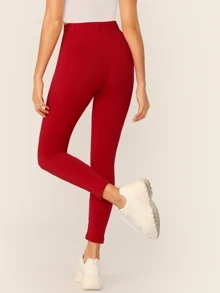 SHEIN BASICS 含棉素色高腰短款緊身打底褲 - 酒紅色 - 查看 2