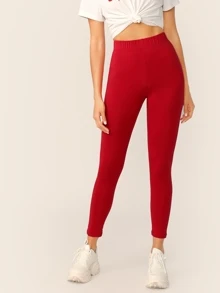 SHEIN BASICS 含棉素色高腰短款緊身打底褲 - 酒紅色 - 查看 3