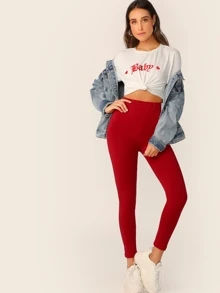 SHEIN BASICS 含棉素色高腰短款緊身打底褲 - 酒紅色 - 查看 5