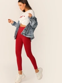 SHEIN BASICS 含棉素色高腰短款緊身打底褲 - 酒紅色 - 查看 1