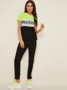 Top con estampado de letra con pantalones deportivos con cinta lateral - Multicolor - Ver 3