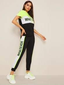 Top con estampado de letra con pantalones deportivos con cinta lateral - Multicolor - Ver 4