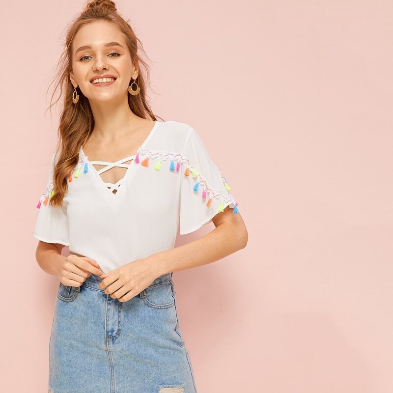 

Criss Cross Neck Fringe Detail Blouse, White