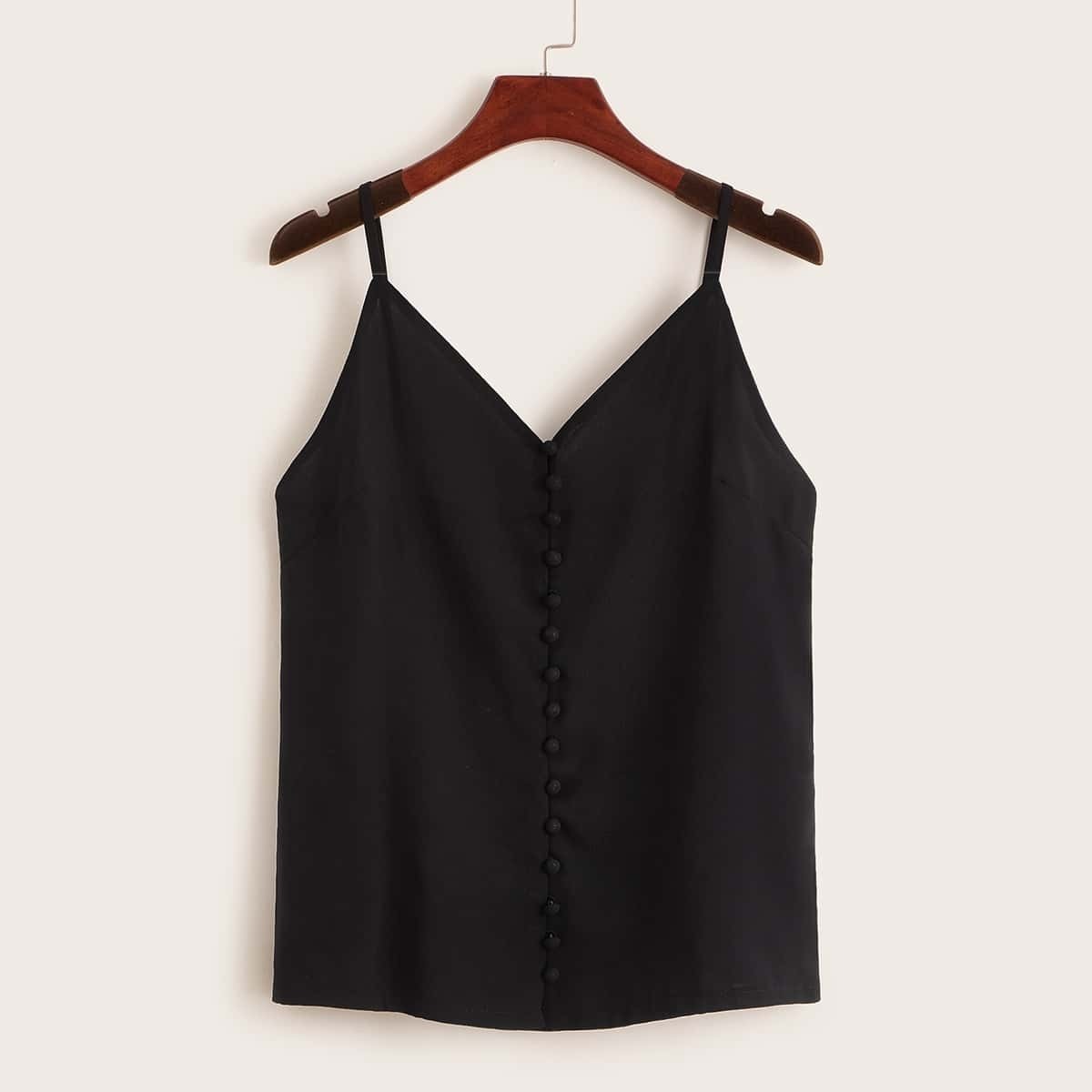

Covered Button Front Chiffon Cami Top, Black