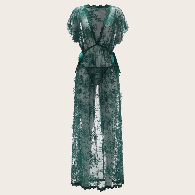 

Floral Lace High Split Dress With Thong, Green
