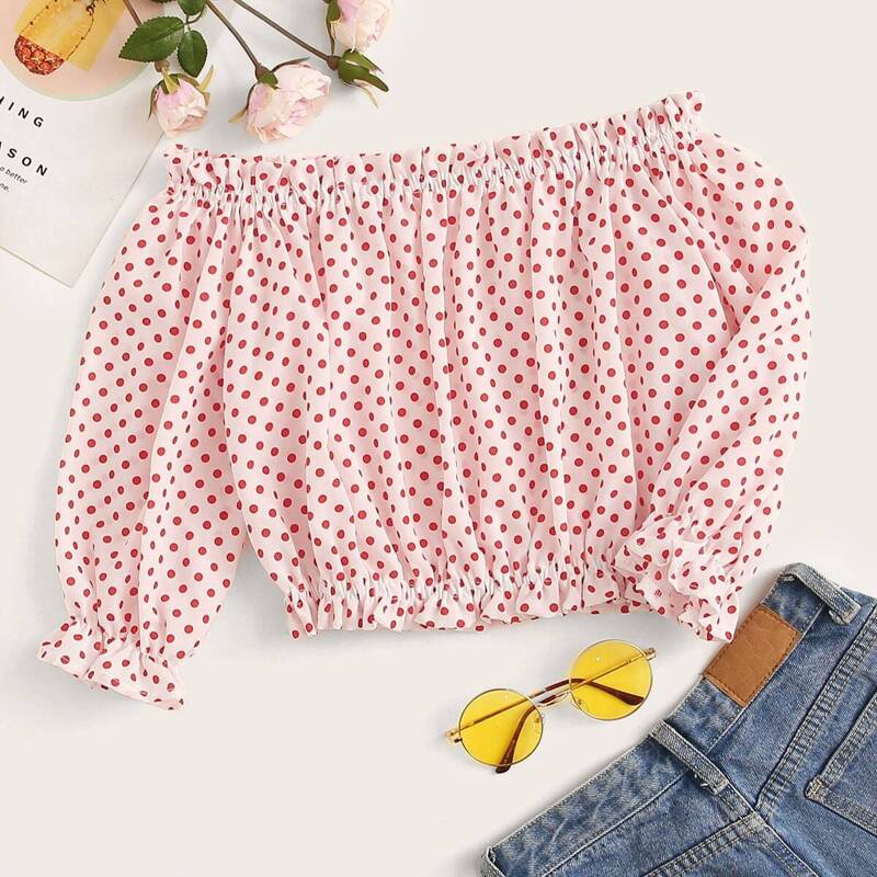 

Polka Dot Bardot Crop Blouse, White
