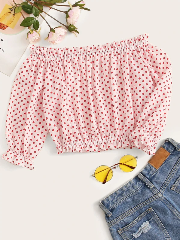Blusa corta de hombros descubiertos a lunares | ROMWE Blusa de lunares con hombros descubiertos | ROMWE
