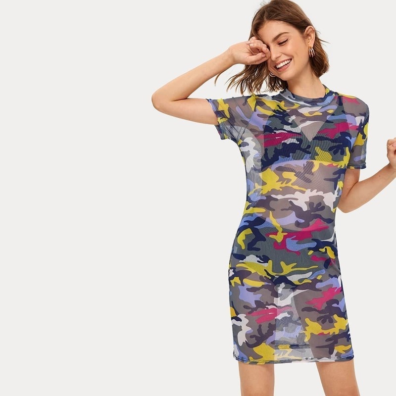 

Camo Print Sheer Dress, Multicolor